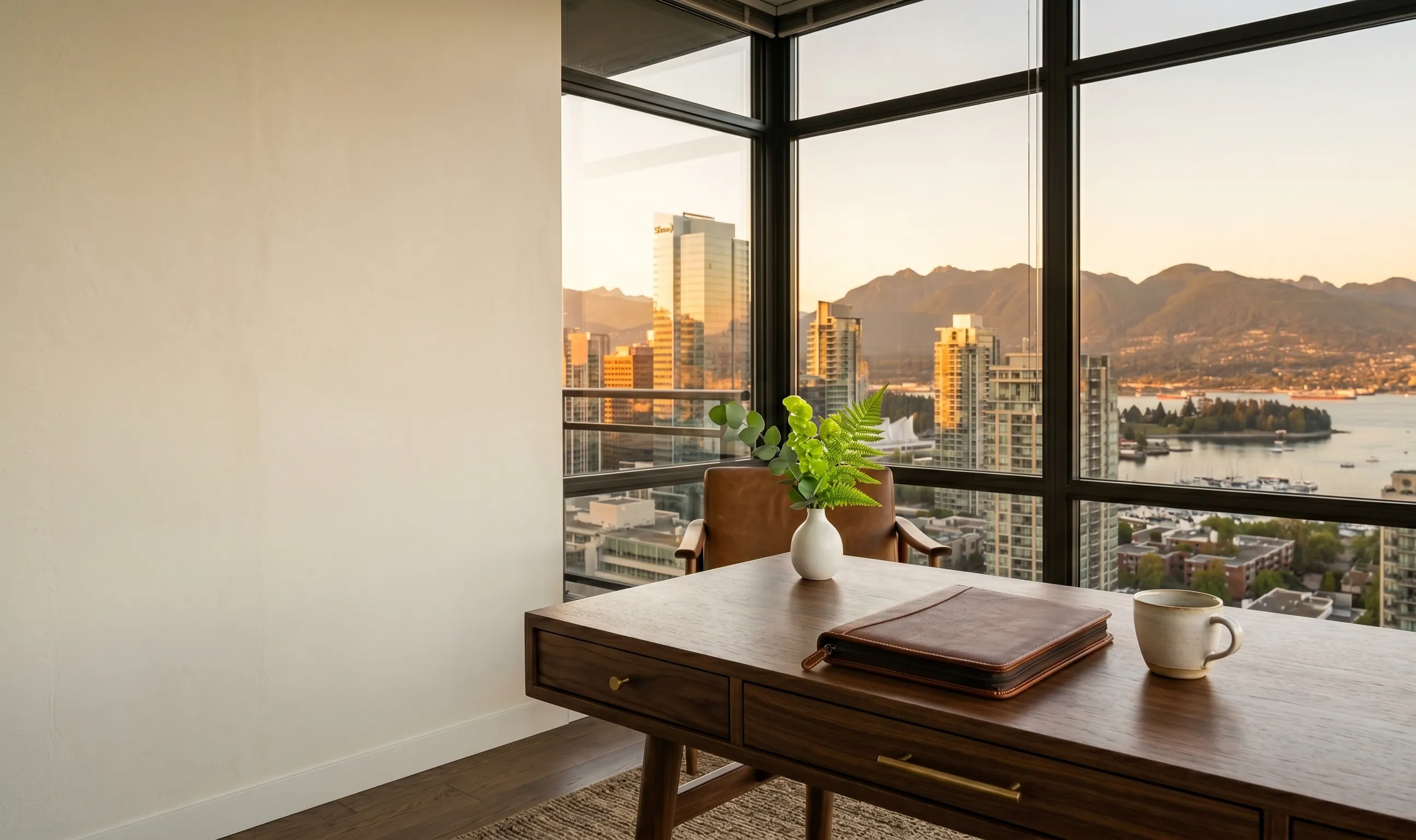 A Vancouver office overlooking the harbour and North Shore mountains at golden hour, with a mid-century wooden desk in the foreground holding a closed leather portfolio, a ceramic mug, and a small sprig of fresh greenery.